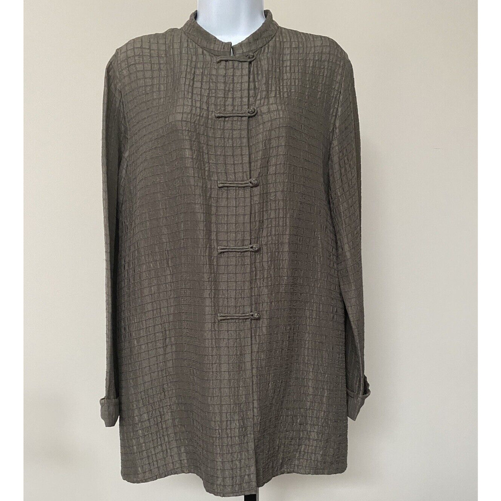 Eileen Fisher Small Tunic Gray Textured Silk Linen Blouse Mandarin Knot Button